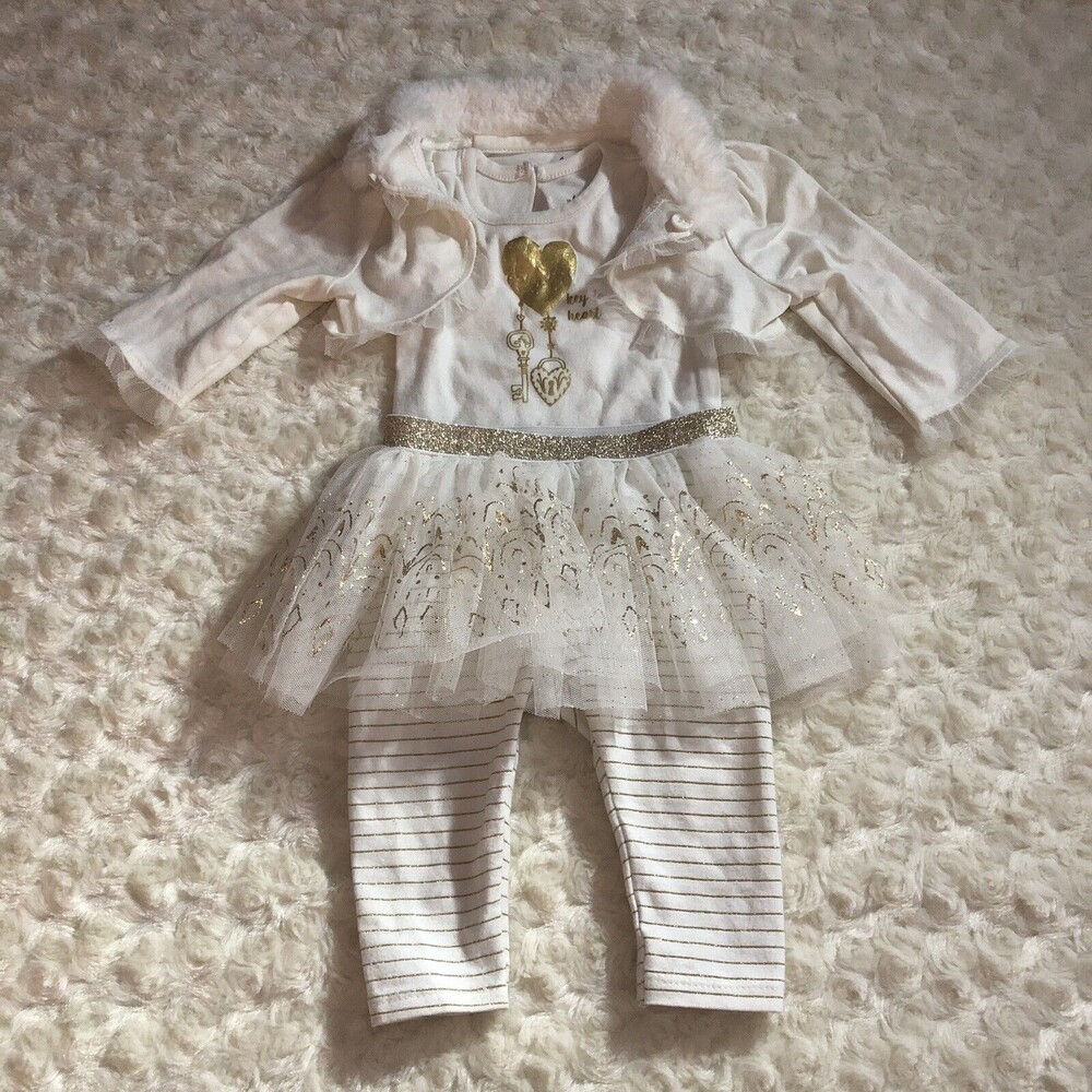 Baby Starters Girls Ivory Gold Tutu Pants 6 Months 3 pc Set Body suit Jacket